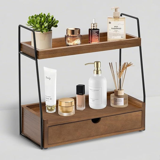 2-Tier Bathroom Organizer Countertop with Drawer, Wood Counter Organizer for Bathroom Decor, Sink Shelf for Vanity Storage, Makeup Tray for Perfume Skincare Bedroom Kitchen Corner