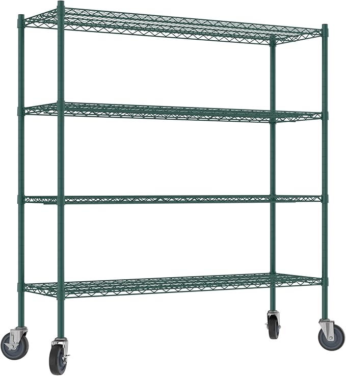 Commercial NSF Listed Green Epoxy Mobile Wire Shelving Kit 18" x 54" x 60", with 4 Shelves Perfect for Warehouse, Walk-in Refrigerator, Freezer, Grocery Store, Restaurant, Dishroom