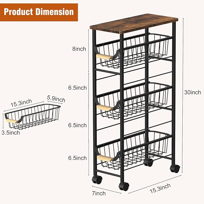 4-Tier Slim Rolling Cart with Pull-Out Baskets & Wooden Top — Narrow Mobile Storage Organizer, Multipurpose Utility Cart with Handle for Small Spaces, Kitchen, Bathroom, Laundry Room, Office, Brown