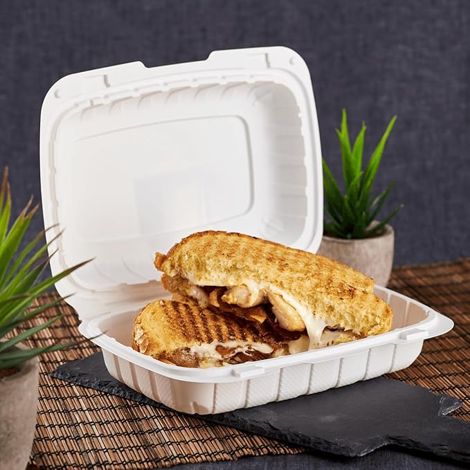 KARAT EARTH Clamshell Take Out Food Containers [9"x6" - 250 ct] To Go Containers | Microwavable, Freezer Safe, Soak-Resistant, Durable, Stackable | Vented for Hot/Cold Foods, White