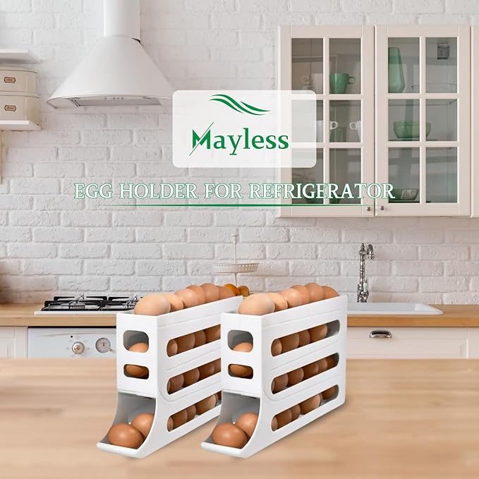 MAYLESS Auto Rolling Egg Holder for Fridge, Refrigerator Organizer Rack (White)