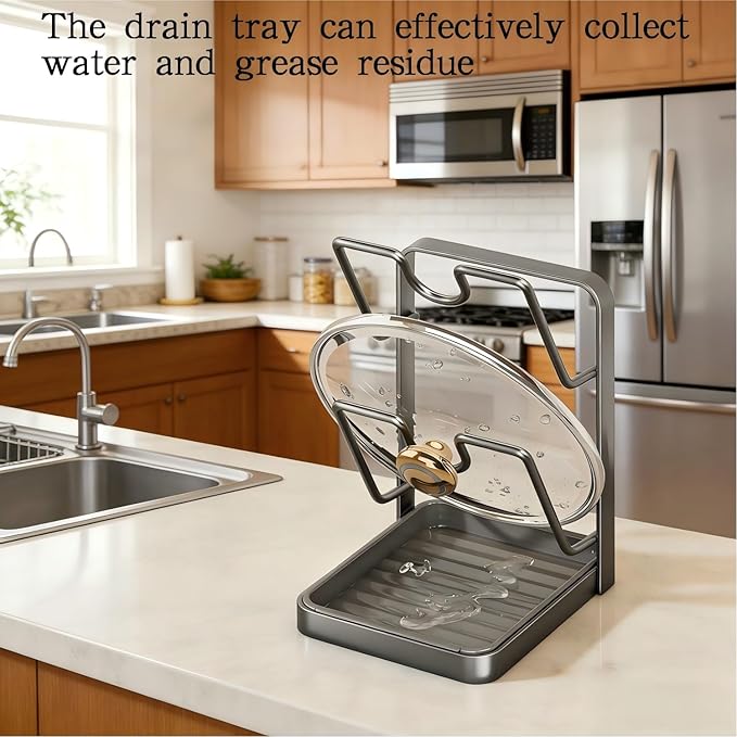 Pot Lid Organizer, Pot Lid Holder, Kitchen Pots Lids Storage Rack, Pots Cover Holder Rack, Pan Lids Holders While Cooking, For Various Lids and Utensils, With Removable Drip Tray (White-B)