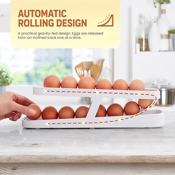 RollDown Egg Dispenser for Refrigerator - 2 Pack Space Saving Egg Holder & Organizer, FIFO Rolling Dispenser Rack for Standard/Large/Jumbo Eggs