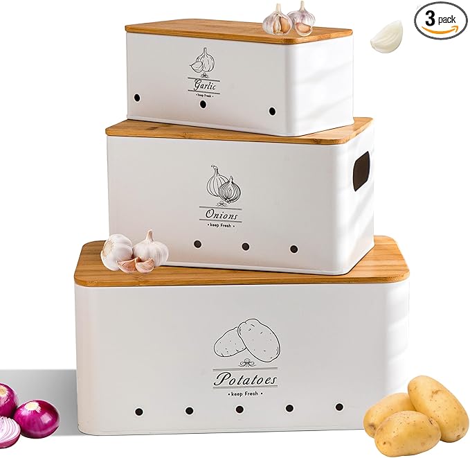 Potato Onion and Garlic Storage Bin Set of 3, White Metal Kitchen Vegetable Canisters with Bamboo Lid and Aerating Holes, Stackable Kitchen Storage Tin for Countertop Pantry