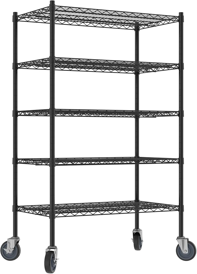 Commercial NSF Listed Black Epoxy Mobile Wire Shelving Kit 21" x 36" x 60", with 5 Shelves Perfect for Warehouse, Walk-in Refrigerator, Freezer, Grocery Store, Restaurant, Dishroom