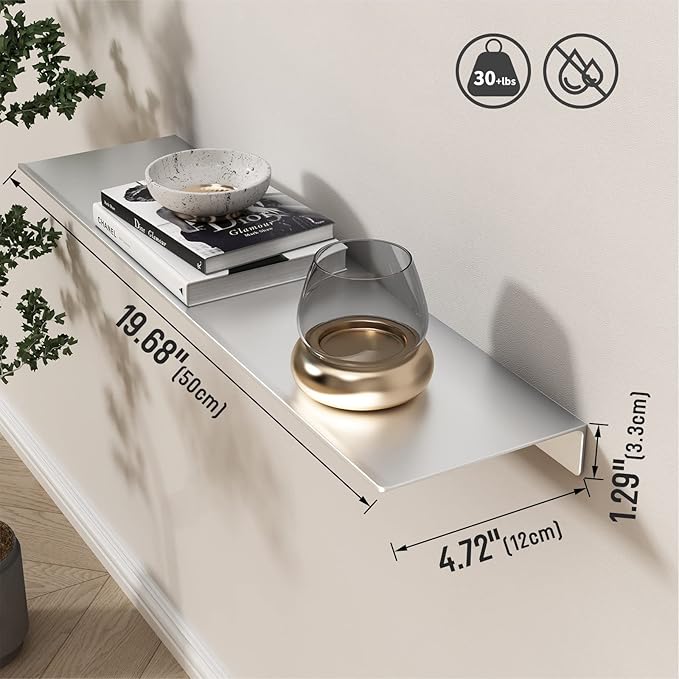 Danpoo Adhesive Floating Shelves for Wall Storage, Metal Wall Shelves for Living Room, Bathroom, Kitchen, 20” Long Display Shelves for Collectibles(Silver, 2 PCS)