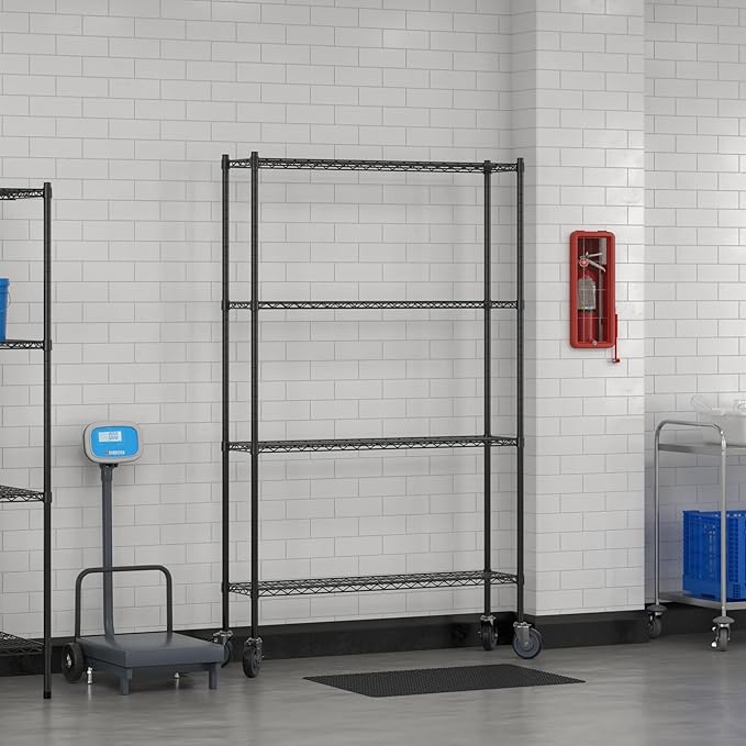 Commercial NSF Listed Black Epoxy Mobile Wire Shelving Kit 12" x 48" x 80", with 4 Shelves Perfect for Warehouse, Walk-in Refrigerator, Freezer, Grocery Store, Restaurant, Dishroom