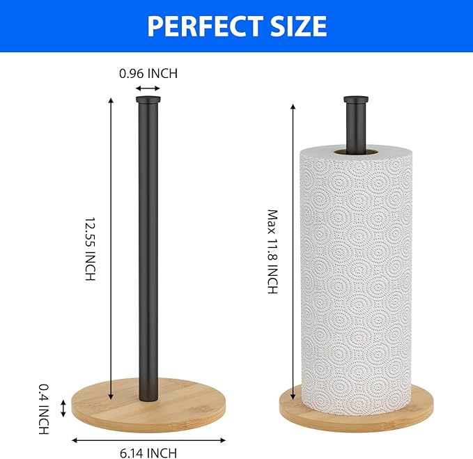 Paper Towel Holder Countertop, Weighted Wooden Base, Stainless Steel, FreeStanding, Easy Install, Durable, Ideal for Home,RV,Bathroom,Farmhouse Essentials Decor Accessories (Black)