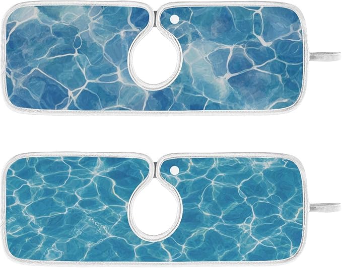 2 PCS Kitchen Sink Splash Guard 14.9 Inch Faucet Mat for Kitchen Sink Bathroom Sink Faucet Absorbing Drip Drain Mat Pad Microfiber Soft Washable Blue Pool Ripples