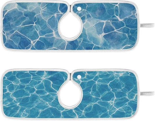 2 PCS Kitchen Sink Splash Guard 14.9 Inch Faucet Mat for Kitchen Sink Bathroom Sink Faucet Absorbing Drip Drain Mat Pad Microfiber Soft Washable Blue Pool Ripples