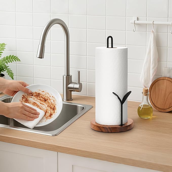 Wood Paper Towel Holder Countertop, Leaf-Shaped Accent Iron Rods with Anti Slip Weighted Base, Easy Tear Farmhouse Kitchen Towel Holder for Dining Table