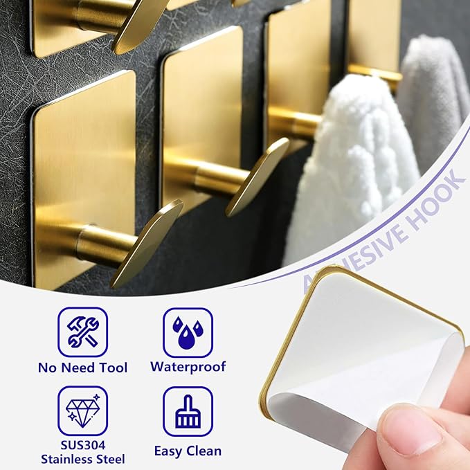 GARGIER Gold Adhesive Hooks for Wall Hanging - Fit for Coat Door Towel Hooks for Bathrooms Decorative Kitchen Shower Glass Wall 304 Stainless Steel Robe &Towel Hooks Brushed Gold 4 Packs
