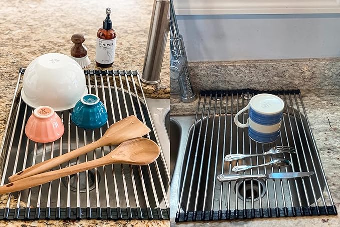 Ahyuan Roll up Dish Drying Rack Over The Sink Kitchen Roll up Sink Drying Rack Portable Dish Drainer Foldable Dish Drying Rack (Black, 20.5''X14'')