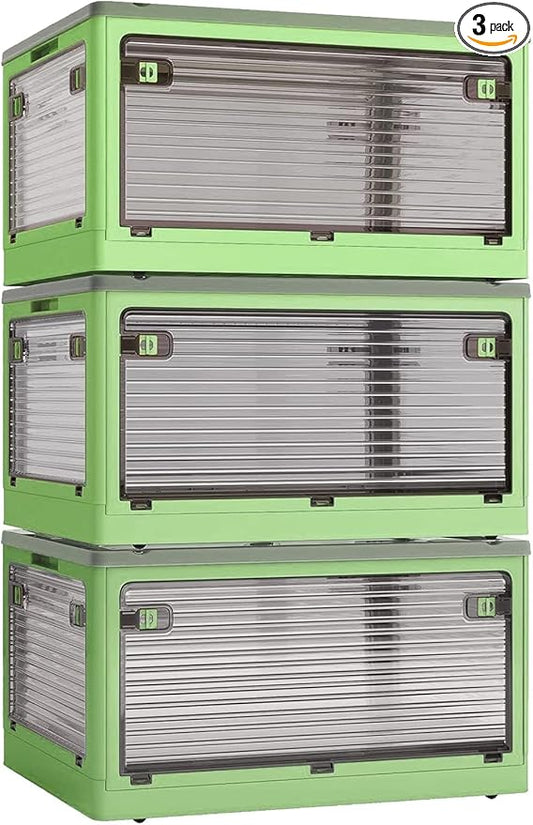 3-Pack Stackable Storage Bins, 83-Liter Collapsible Organizers with 3 Lids, Wheels, Foldable Collapsible Box for Outdoor Camping, Green