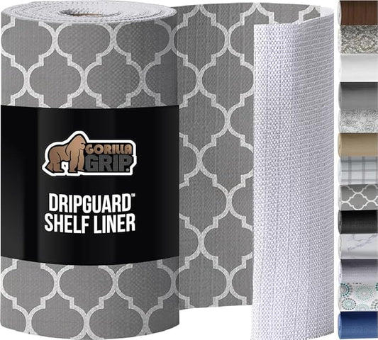 GORILLA GRIP DripGuard Shelf Liner, Non Adhesive Drawer and Kitchen Cabinet Protector, Slip Resistant BPA Free Smooth Surface Plastic Liners for Cabinets, Bathrooms, Closets, 17.5x120 Inch, White Gray
