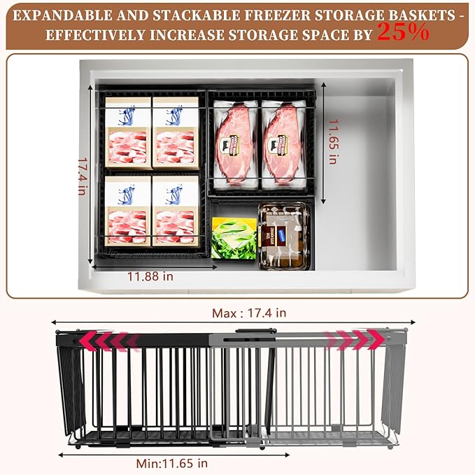 Large Freezer Organizer Bins，Upgraded Bottom Leak-Proof net，2 Pack， Expandable Stackable Chest Freezer Containers with Handle，for Fridge, Deep Freezer, Cabinet, Kitchen, Pantry (Black-6Pack)