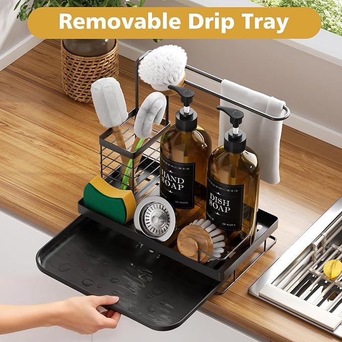 Sponge Holder for Kitchen Sink Caddy with High Brush Holder,Stainless Steel Kitchen Sink Organizer Set with 2 Lotion Dispenser,Kitchen Accessories Storage for Countertop