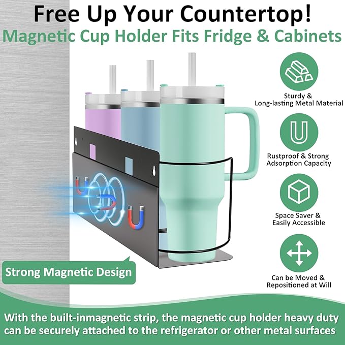 Magnetic Cup Holder for Fridge, Water Bottle Organizer for Cabinet Magnetic Cup Holder Heavy Duty Storage Tumbler Organizer for 20oz 30oz 40oz Cup Accessories