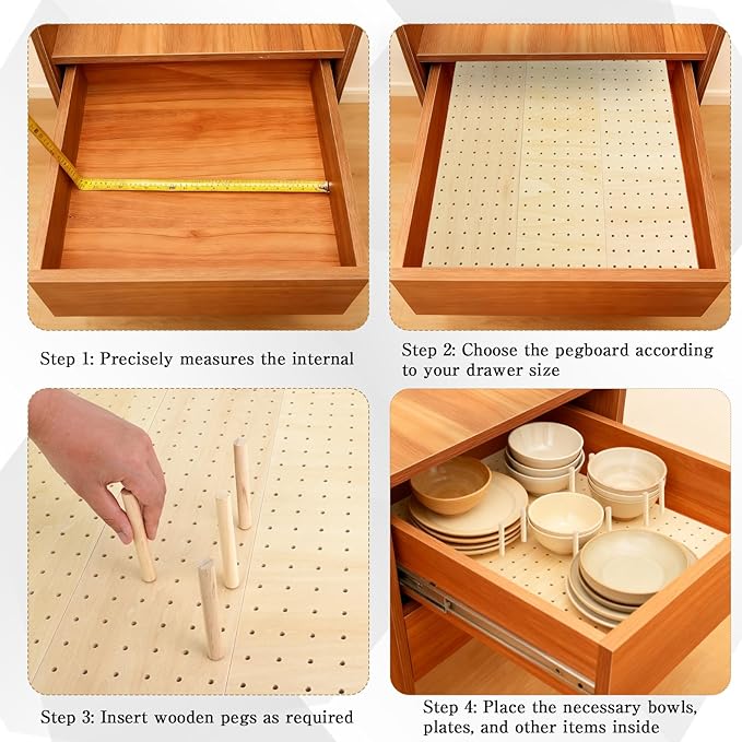 14 Pcs Pegboard Drawer Organizer with 140 Wood Peg 21 Inch Wooden Plate Utensils Organizer Dishes Storage Drawer Dividers, for Kitchen (Wood Color)