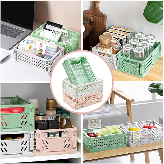 3 Pack Large Plastic Storage Basket for Shelf Organizing, Collapsible Crate Folding Storage Bin for Desk Organizier Stackable Containers for Home Kitchen Classroom Office Bathroom Storage(10x6.5x2.7")