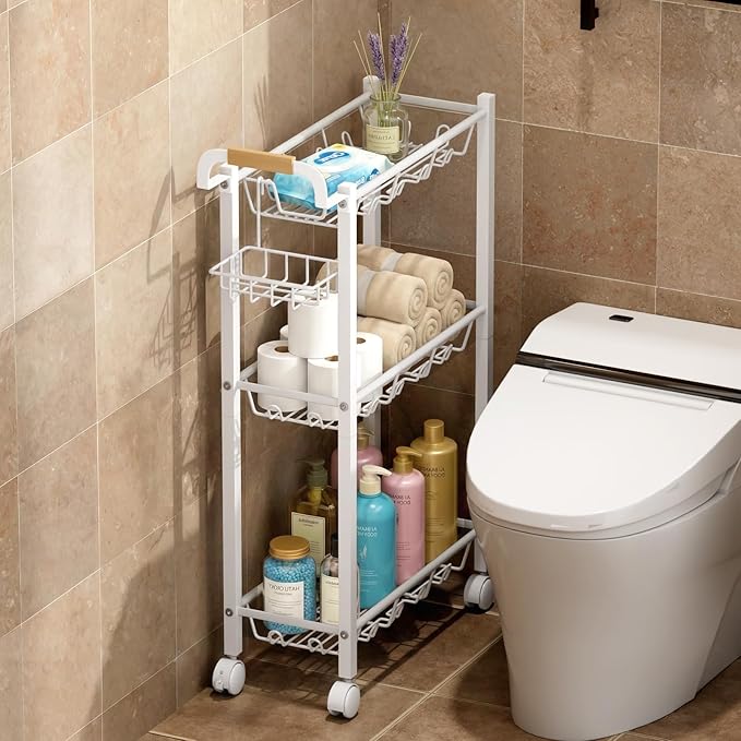 AOODA Laundry Room Cart with Top Detergent Holder, Metal Rolling Storage Cart Between Washer and Dryer, 3 Tier Narrow Laundry Room Organization and Storage with Wheels (White)