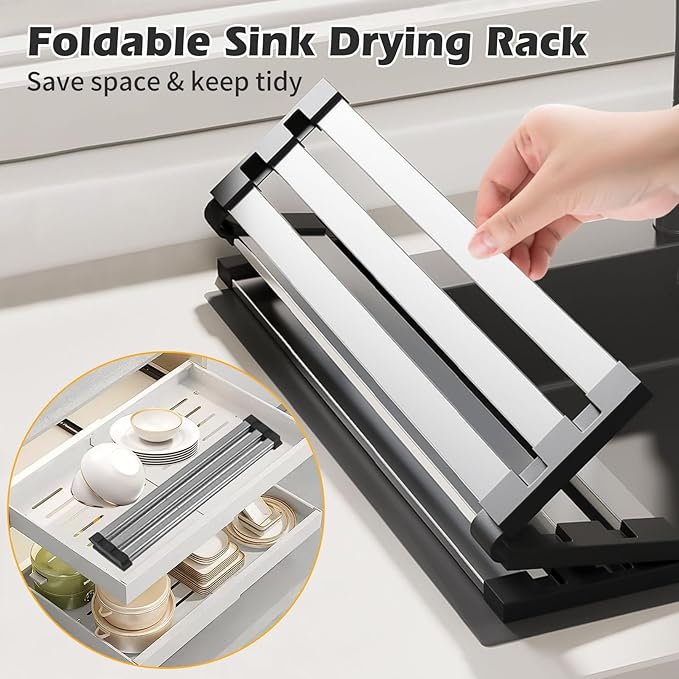 15.7"*12.8" Foldable Dish Drying Rack Thickened & Widened Over Sink Dish Drying Rack High-Temperature Resistant Removable Sink Storage Rack 304 Stainless Steel Drainer for Kitchen and Rv sink