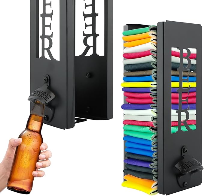 2 in 1 Can Cooler Holder with Bottle Opener, Personalized Beer Can Sleeves Storage Organizer Dispenser for Home Family Bar, Metal Cool Stuff Gift for Men Women(COLOR:Black)