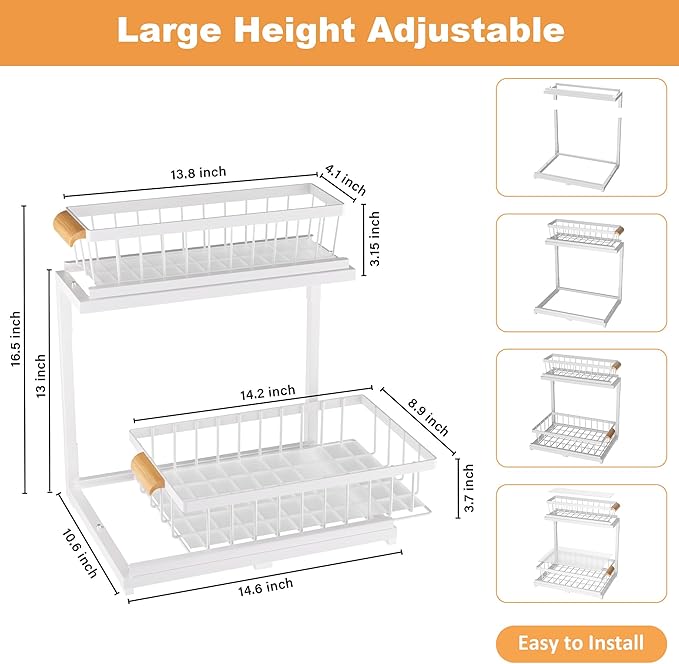 Under Sink Organizer, Pull Out Cabinet Organizer 2 Tier Slide Out Sink Shelf Cabinet Storage Shelves,Kitchen & Bathroom Organizers,Metal (White, 1 Pack-14.6 * 10.6 * 16.5in)