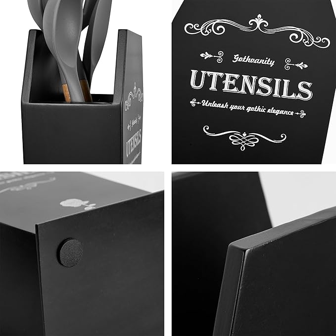 Gothic Coffin Utensil Holder - Large Stable Spooky Dark Aesthetic Kitchen Organizer, Wooden Black Kitchen Decor 12.5X8X5 Inches