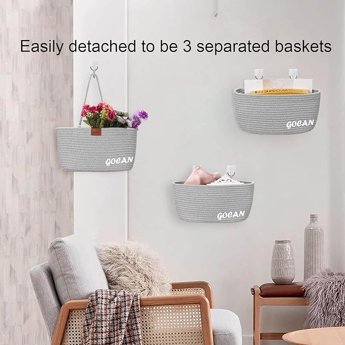 Hanging Storage Baskets Over the Door Hanging Basket, 3-Tier Cotton Rope Woven Hanging Organizer, Detachable Decorative Hanging Baskets for Wall Living Room, Bathroom and Bedroom(grey)