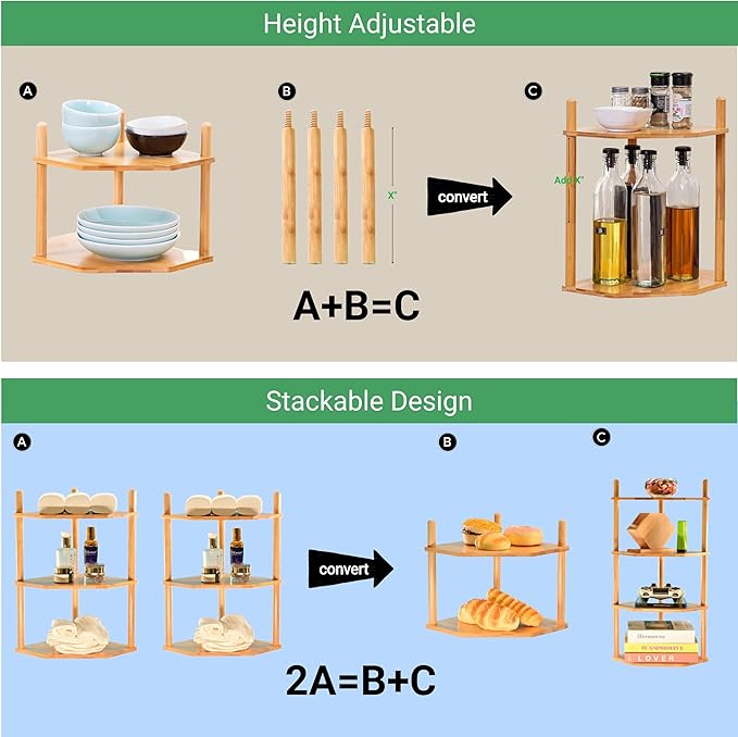 2-Tier Expandable Bamboo Corner Shelf - Dish/Plate Organizer for Cabinet, Kitchen Counter Shelf & Small Kitchen Shelf, Adjustable(1, 11.4" H)