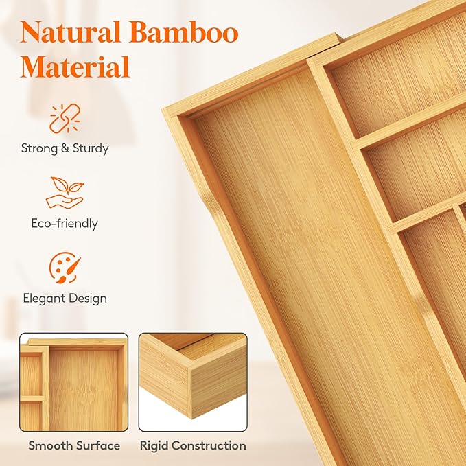 Lifewit Silverware Drawer Organizer, Expandable Utensil Tray for Kitchen, Bamboo Flatware and Cutlery Holder, Wood Adjustable Storage for Spoons Forks Knives, 31- 53 x 43cm, Natural