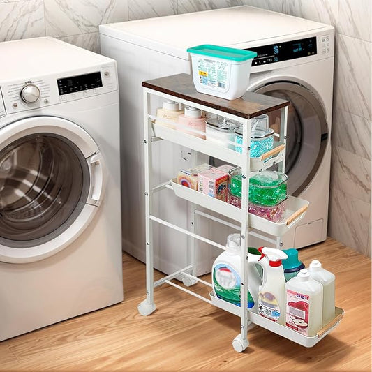 5 Tier Slim Rolling Storage Cart with Wood Top, Narrow Laundry Room Organizer for Tight Gaps, Metal Bathroom Gap Filler, Kitchen Pantry Trolley, Small Spaces (White)