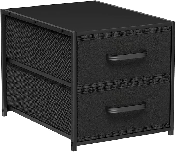Stackable Storage Drawers - 2 Tier Closet Drawers, Closet Organizer with Metal Handles, Night Stand with Collapsible Bins, Fabric Dresser for Bedroom, Dorm, Office, Black, 1 Pack
