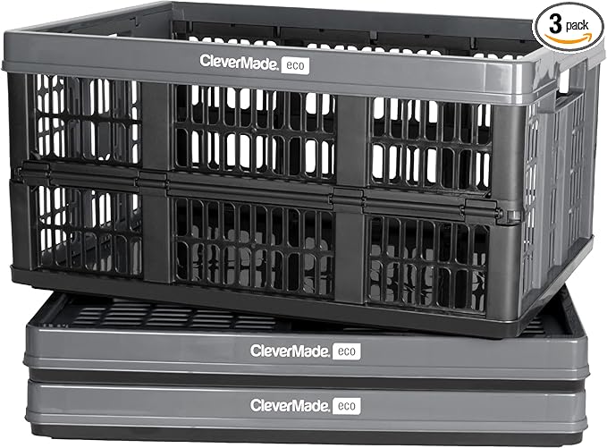 CleverMade Collapsible Utility Crates - Stone 3 Pack 45L / 11 Gal Holds 66 lbs - Stackable Containers Heavy Duty Capacity Crates-Space-Saving Baskets