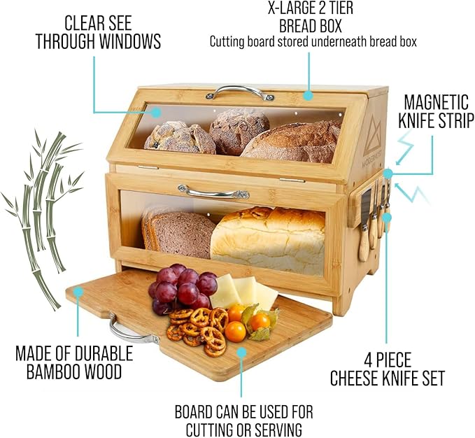 Extra Large Bread Box with Cutting Board & Knife Set | 7 Piece Set | Bamboo Breadbox | Bread Boxes for Kitchen Countertop | Bread Storage Container| Assembly Required