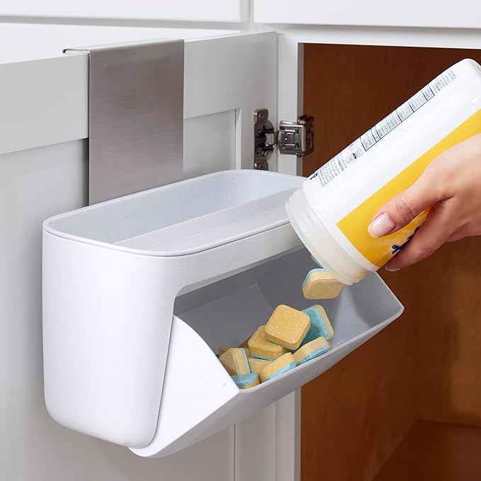 YouCopia DoorStash™ Dishwasher Pod Holder with Lid, Hanging Storage Container for Detergent, Speckled White
