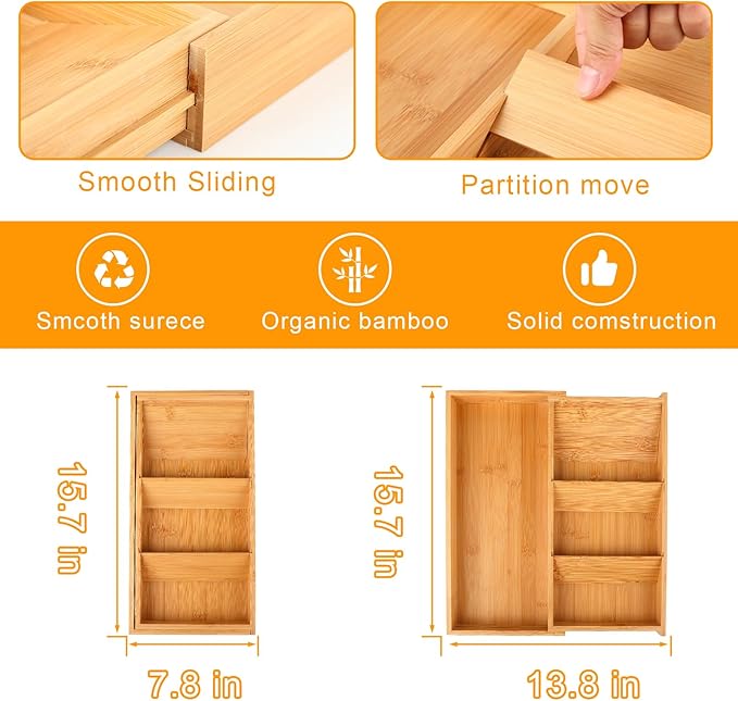 Silverware Drawer Organizer with Expandable Tray for Kitchen Drawer, Adjustable Compact Plastic Kitchen Utensil Storage for Spoons Forks Knives Easy to Access & Clean (bamboo, standard)
