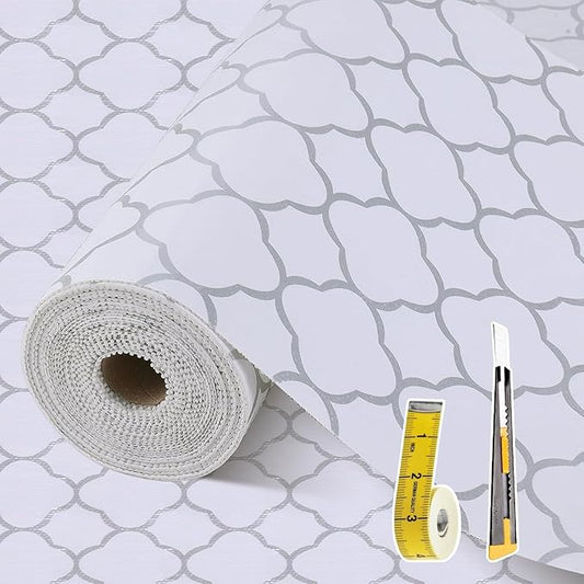 Shelf Liners for Kitchen Cabinets 12in x 20FT Non Adhesive Drawer Liner Silver Quatrefoil Shelf Liner Paper Strong Non-Slip Easy to Clean for Tool Box Refrigerator with Knife and Tape Measure