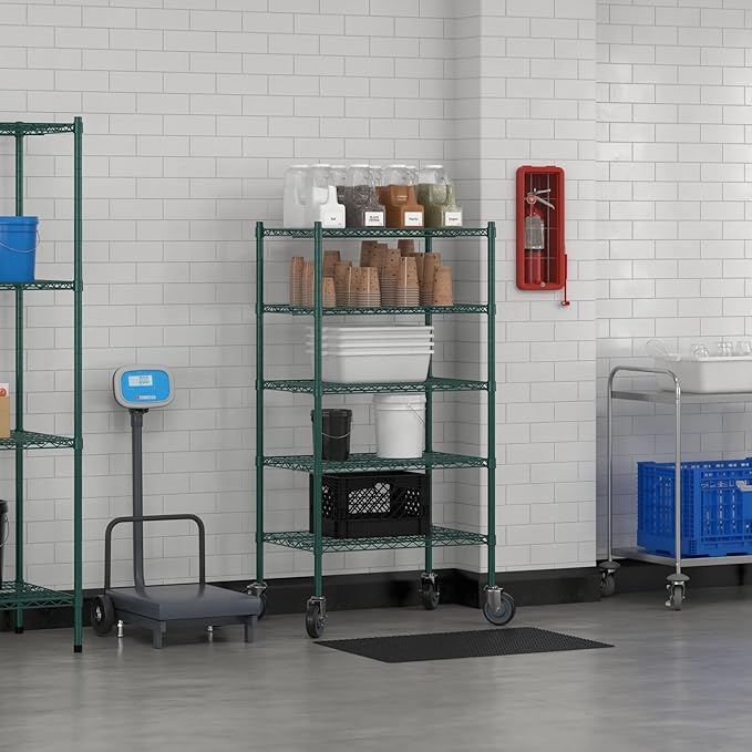 Commercial NSF Listed Green Epoxy Mobile Wire Shelving Kit 21" x 30" x 60", with 5 Shelves Perfect for Warehouse, Walk-in Refrigerator, Freezer, Grocery Store, Restaurant, Dishroom