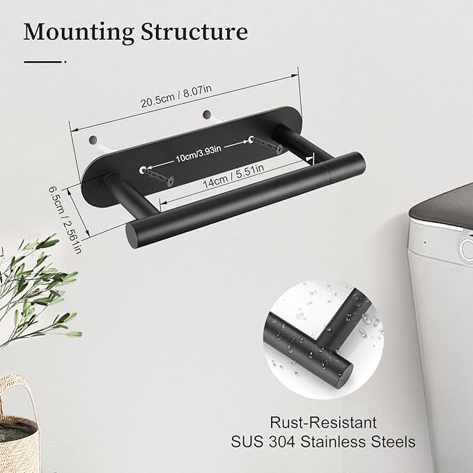 Matte Black Toilet Paper Holder, Upgraded SUS304 Stainless Steel Toilet Roll Holder, Modern Double Base Paper Towel Holder Wall Mount for Bathroom, Kitchen, Washroom