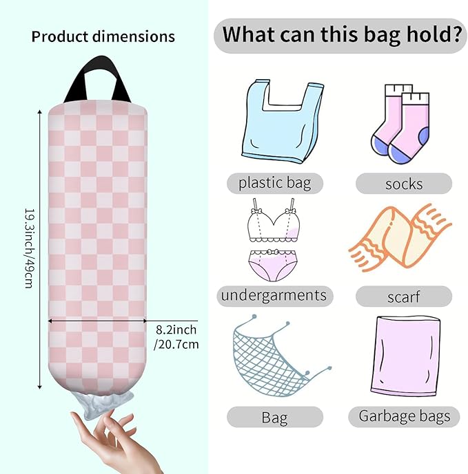 Plastic Bag Holder, Wall Mount Grocery Bag Organizer, Funny Hanging Trash Storage Dispenser for Home Kitchen Cute Pink Checkers