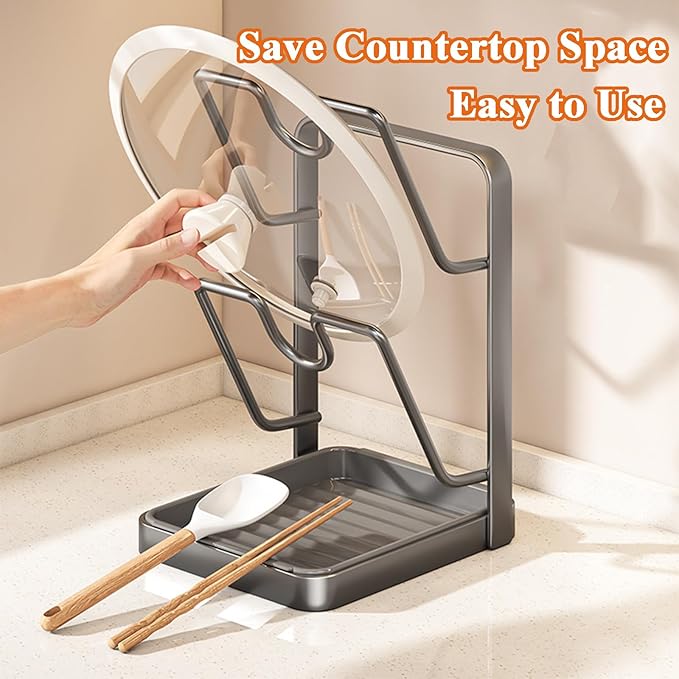 Kitchen Pot Lid Storage Rack, Pot Lid Holder While Cooking with Tray, Multifunctional Holder and Spoon Rest, Pot Lid Organizer Rack for Stove Top Countertop, Pot Keeper Collector (White-Double-layer)