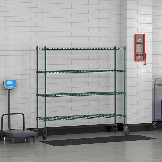 Commercial NSF Listed Green Epoxy Mobile Wire Shelving Kit 14" x 60" x 60", with 4 Shelves Perfect for Warehouse, Walk-in Refrigerator, Freezer, Grocery Store, Restaurant, Dishroom