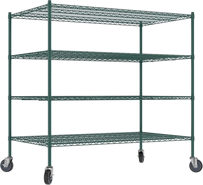 Commercial NSF Listed Green Epoxy Mobile Wire Shelving Kit 36" x 60" x 60", with 4 Shelves Perfect for Warehouse, Walk-in Refrigerator, Freezer, Grocery Store, Restaurant, Dishroom