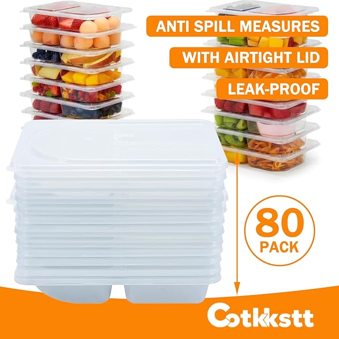 80 Pack Reusable Snack Containers with Lids, 3-Compartment Plastic Condiment Containers, BPA-Free, Small Snack Pack Containers, Dipping Cups for Work, Travel, Picnic