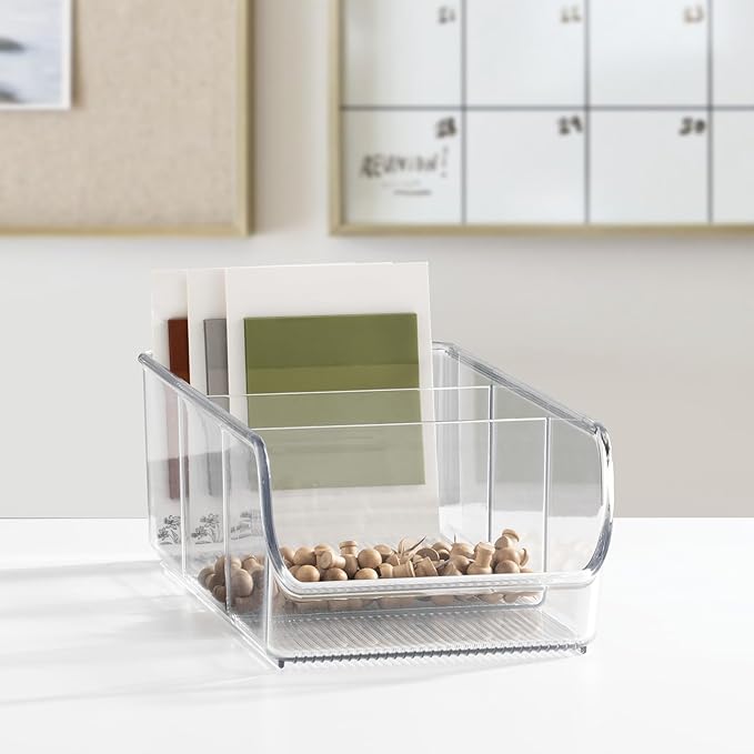iDesign Stackable 3-Section Divided Storage Bin for Pantry, Fridge, or Cabinet - Set of 2 - Clear