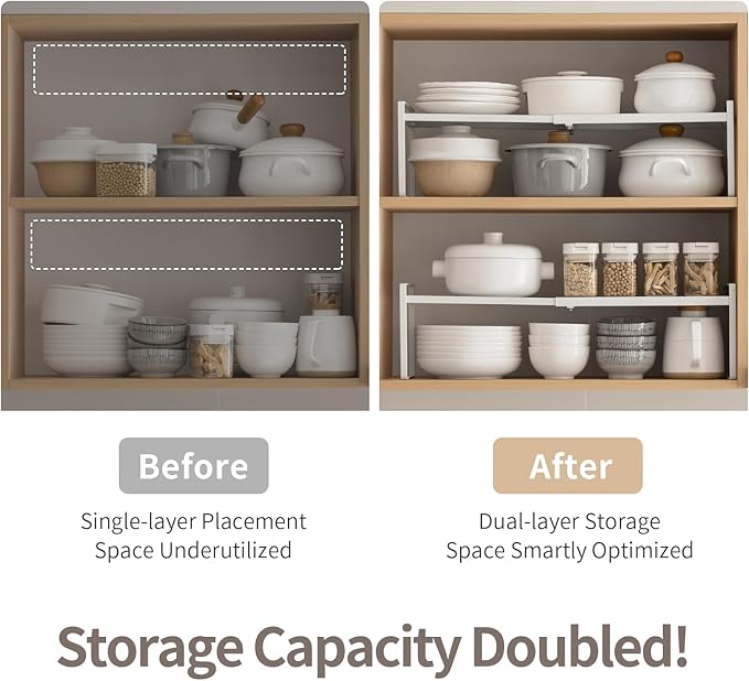 Adjustable Expandable Stackable Cabinet Shelf Rack, Countertop Organizer for Kitchen Pantry Storage, 24.5 Inches