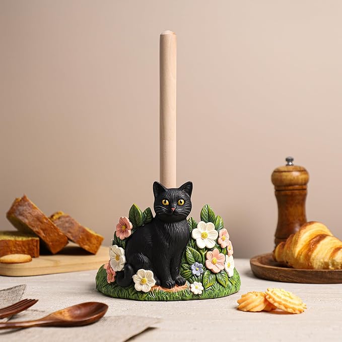 WAIT FLY Black Cat and Flower Paper Towel Holder Stand Resin Tissue Stand Roll Holder for Kitchen Countertop Restaurant Cafe