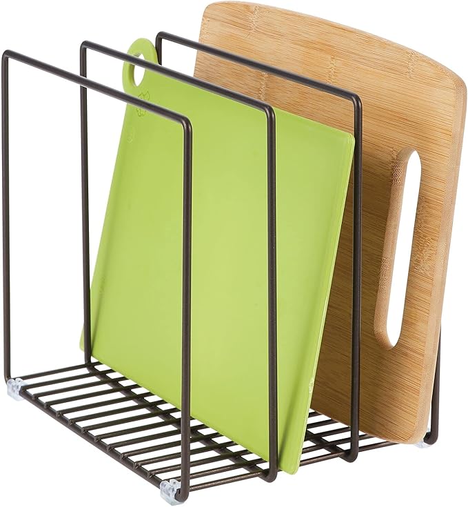 mDesign Steel Storage Tray Organizer Rack for Kitchen Cabinet - Divided Holder with 3 Slots for Skillets, Frying Pan, Pot Lids, Cutting Board, Baking Sheets - Concerto Collection - Bronze